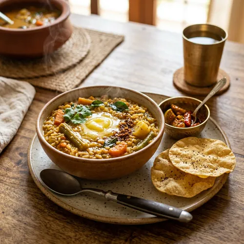 Steaming sambar rice with papad - South Indian comfort food Mysuru