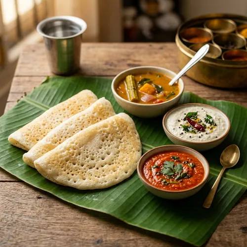 Crispy set dosa served with coconut chutney and sambar in Mysuru